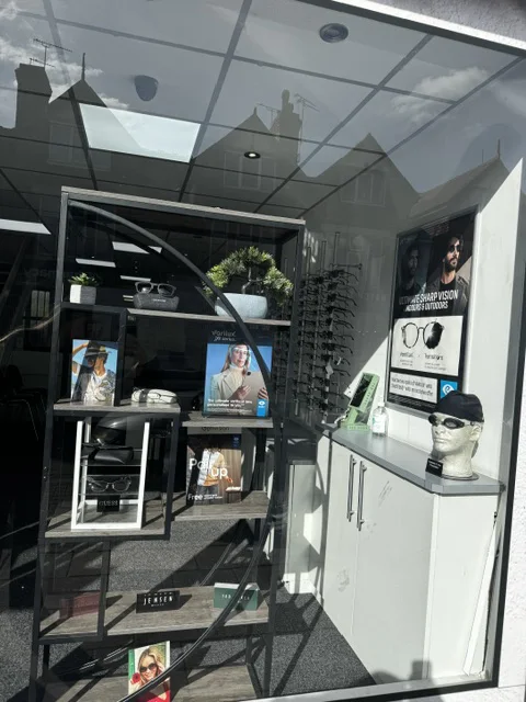 East Park Optical shop window displaying sunglasses and spectacle frames in Leicester.